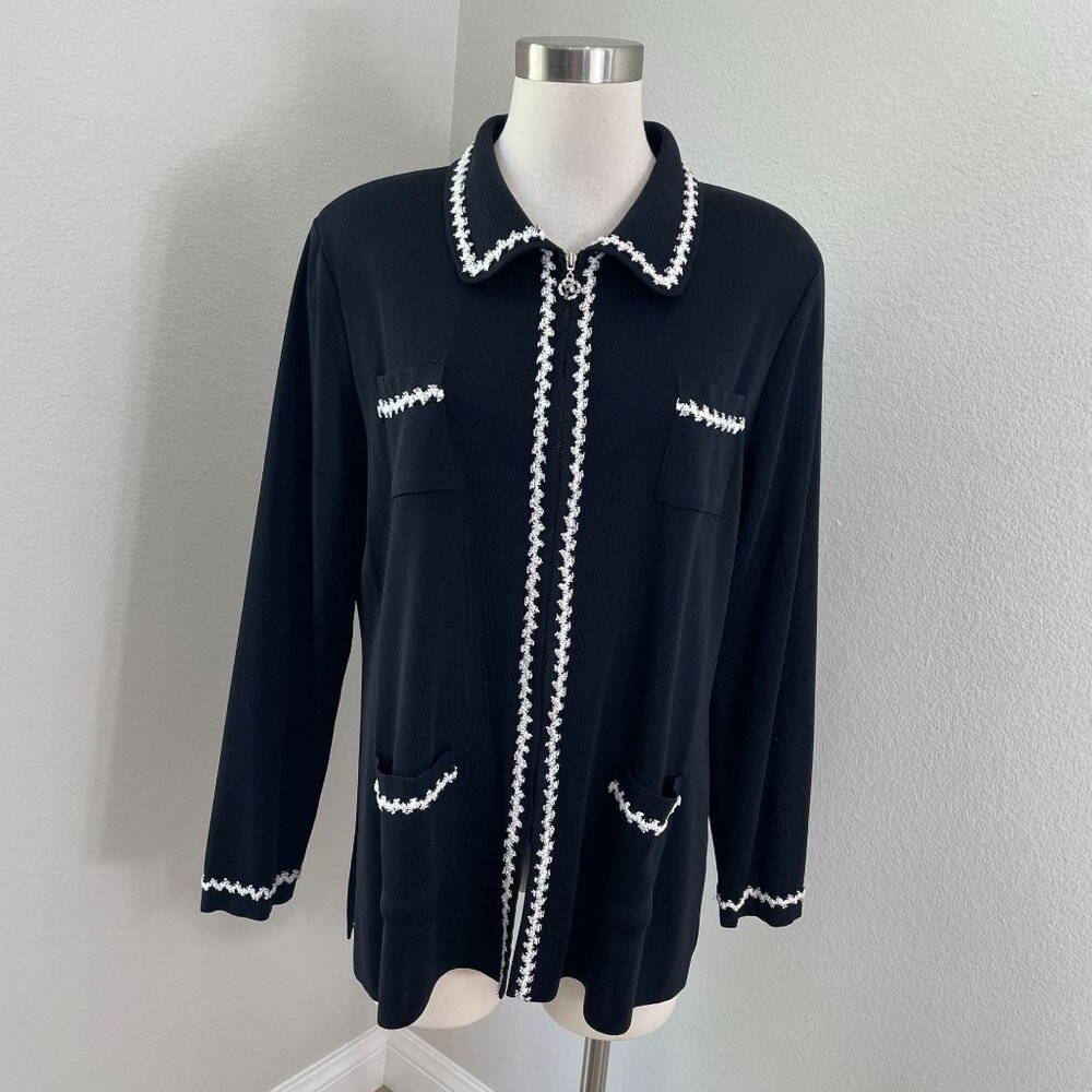 Exclusively Misook Womens Large Black White Trim Zip Jacket‎ Knit Cardigan